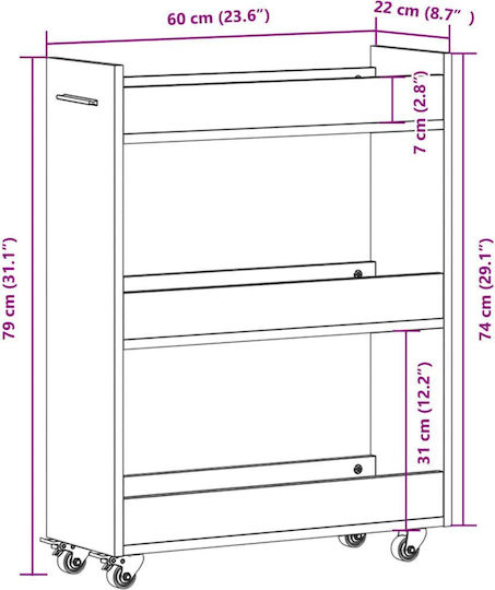 vidaXL Wooden Kitchen Trolley 3 Tiers White 60x22x79cm
