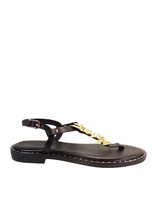 Leather Women's Flat Sandals in Black Color
