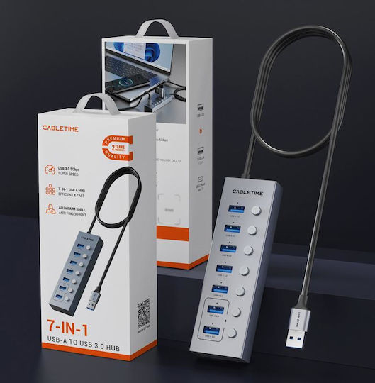 Cabletime USB 3.0 7 Port Hub with USB-A Connection Gray