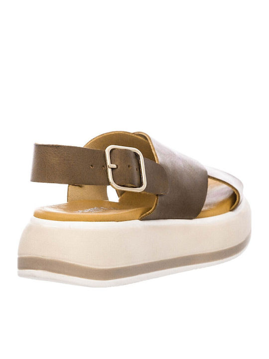 Δερμάτινα Γυναικεία Σανδάλια Flatforms Καφέ