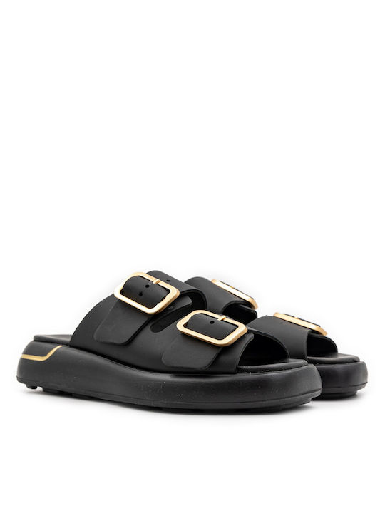 Mago Shoes Leather Women's Flat Sandals Flatforms in Black Color