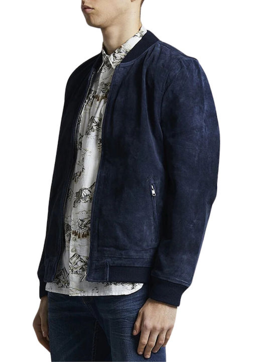 Bellfield Men's Leather Jacket Navy Blue