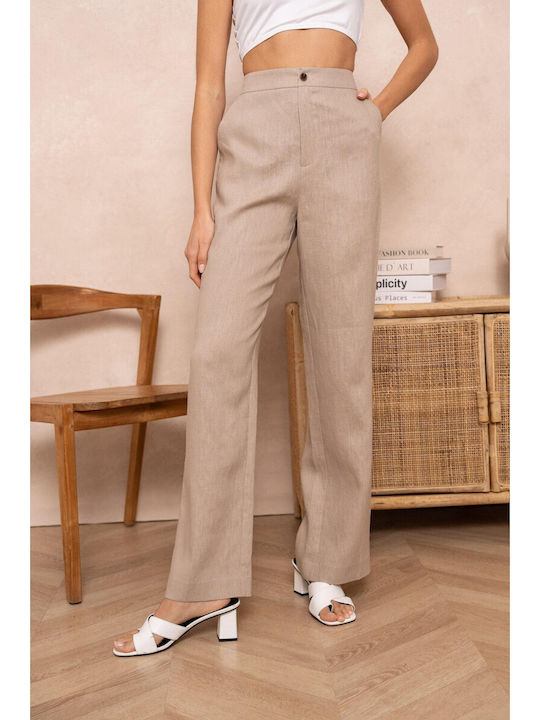 Bon Women's Fabric Trousers Beige