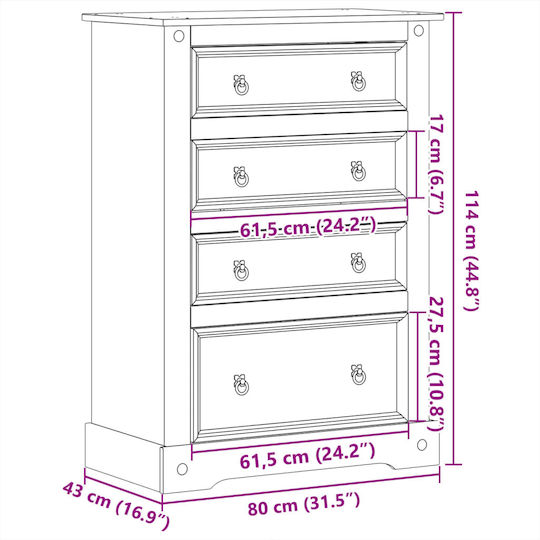 Chest of Drawers of Solid Wood with 4 Drawers 80x43x114cm