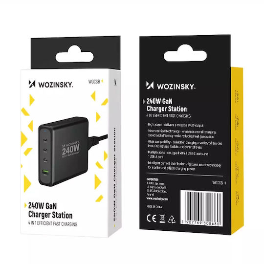 Wozinsky GaN с USB-A порт и 3 USB-C порта 240W Черен (WGCSB)