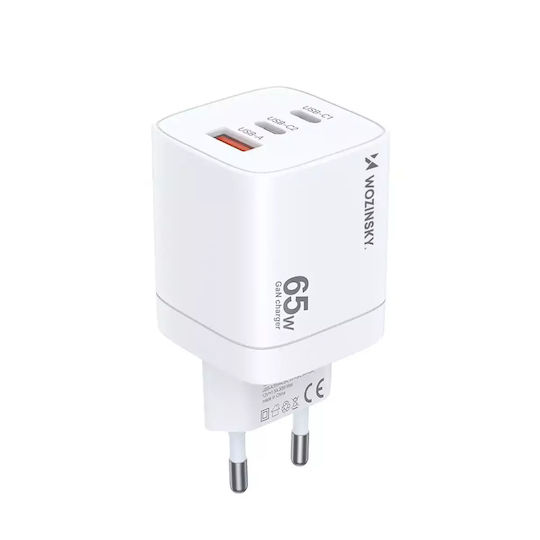 Wozinsky Charger Without Cable GaN with USB-A Port and 2 USB-C Ports 65W Whites (CGWCW)