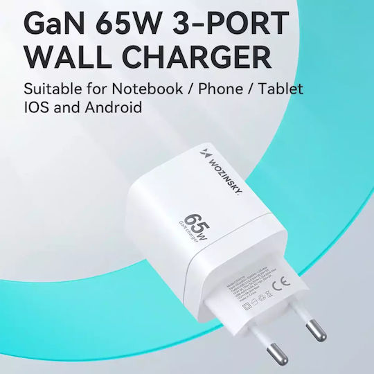 Wozinsky Charger Without Cable GaN with USB-A Port and 2 USB-C Ports 65W Whites (CGWCW)