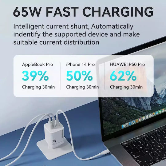 Wozinsky Charger Without Cable GaN with USB-A Port and 2 USB-C Ports 65W Whites (CGWCW)