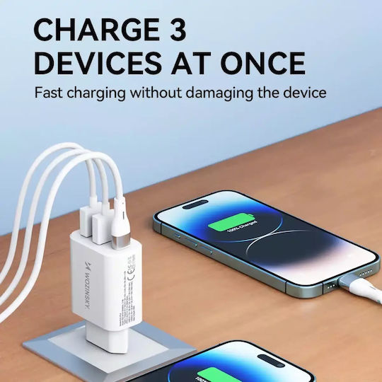 Wozinsky Încărcător Fără Cablu cu 2 Porturi USB-A și Port USB-C 30W Albς (CWCUCW)