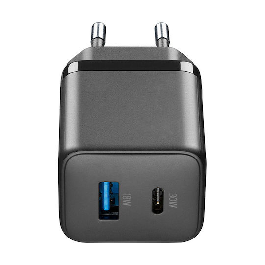 Cellular Line Ladegerät ohne Kabel GaN mit USB-A Anschluss und USB-C Anschluss 30W Stromlieferung Schwarzs (Multipower Micro)