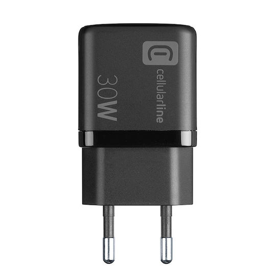 Cellular Line Ladegerät ohne Kabel GaN mit USB-A Anschluss und USB-C Anschluss 30W Stromlieferung Schwarzs (Multipower Micro)