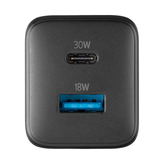 Cellular Line Ladegerät ohne Kabel GaN mit USB-A Anschluss und USB-C Anschluss 30W Stromlieferung Schwarzs (Multipower Micro)