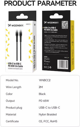Wozinsky USB 2.0 USB-C Male To USB-C 65W PD Cable Black 2m WNBCC2