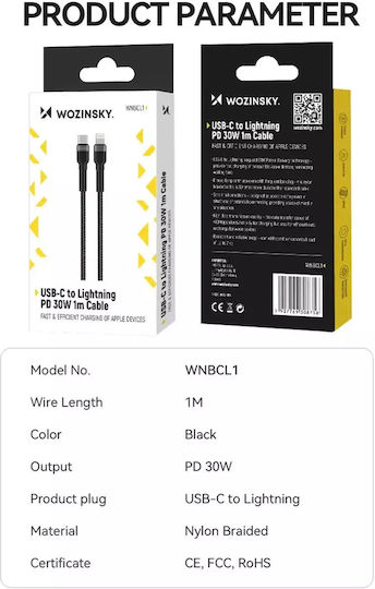 Wozinsky Редовна USB-C към Lightning кабел 30W Черен 1м (WNBCL1)