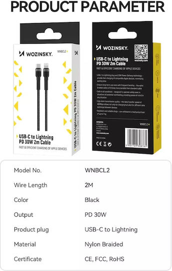 Wozinsky USB-C to Lightning Cable 30W Μαύρο 2m (WNBCL2)