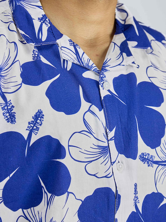 Short-sleeved Cotton Shirt Floral Blue