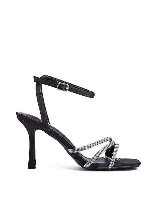 Keep Fred Synthetic Leather Women's Sandals with Strass & Ankle Strap Black with Thin High Heel