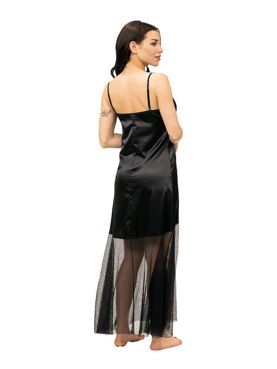 Femei Miss Rosy Camasa de noapte lunga din satin cu tulle negru