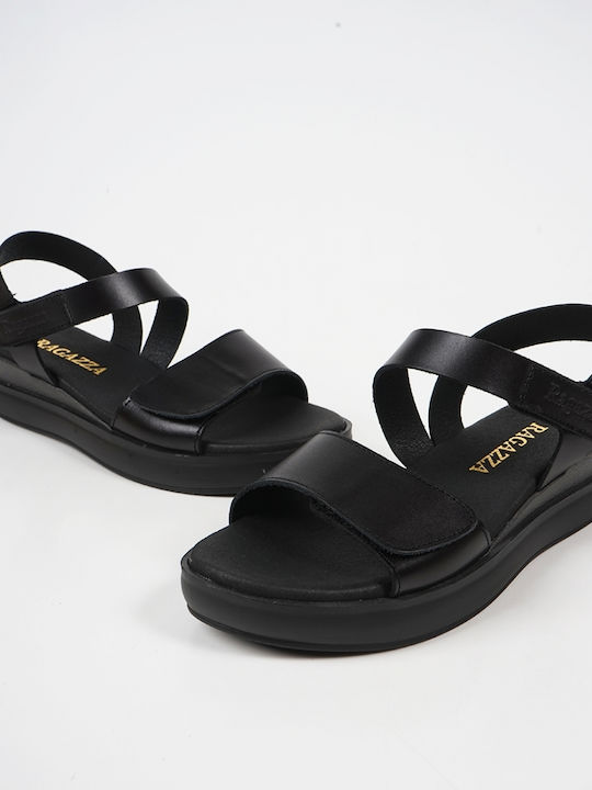 Ragazza Leather Women's Flat Sandals with Strap Flatforms in Black Color