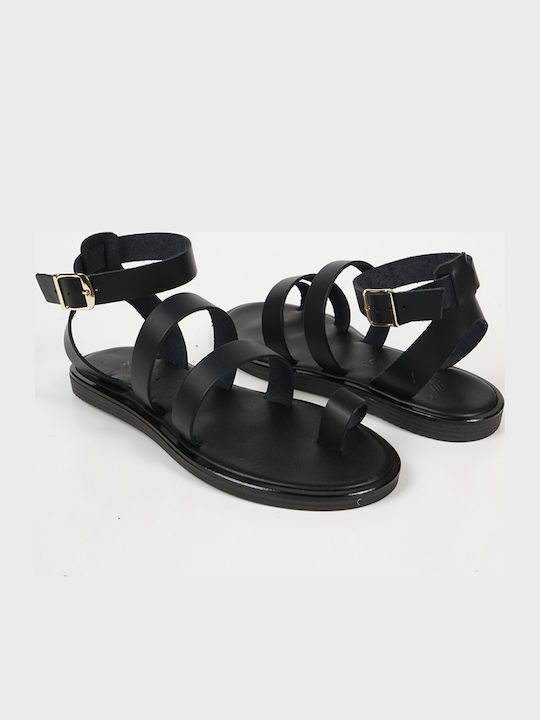 Leather Women's Flat Sandals in Black Color