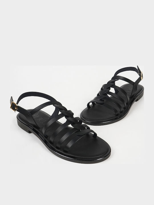 Leather Women's Flat Sandals in Black Color