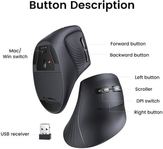 Ugreen MU008 Wireless Ergonomic Bluetooth Vertical Mouse Black