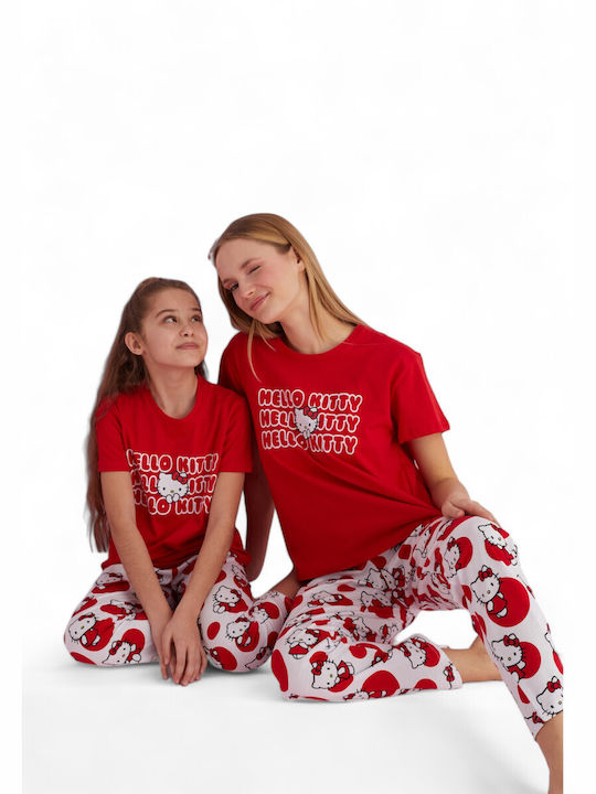 Siyah Inci Summer Women's Pyjama Set Cotton Red