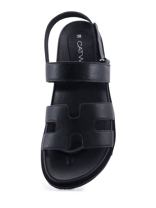 Leather Women's Flat Sandals Flatforms in Black Color