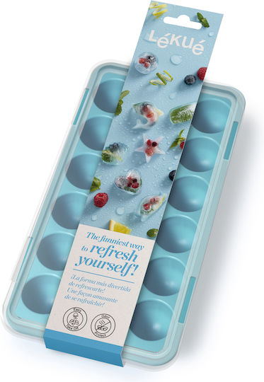 Lekue Ice Cube Mold Round Silicone 18 Slots with Lid Blue 882364