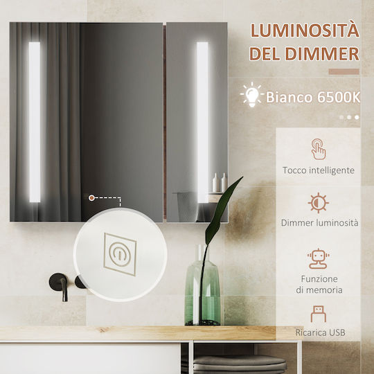 Kleankin Bathroom Mirror Led made of Particle Board with Shelf 70x15cm Brown