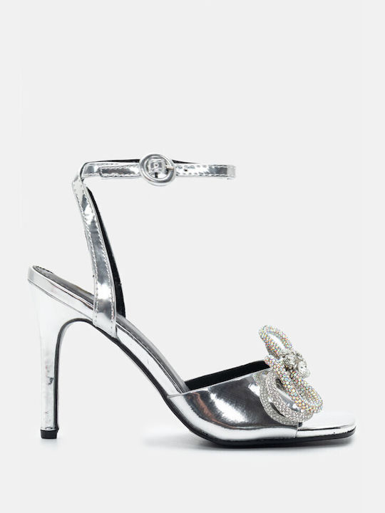 Luigi Synthetic Leather Women's Sandals with Strass & Ankle Strap Silver with High Heel