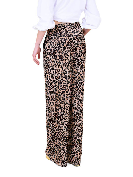 Dolce Domenica Women's High-waisted Fabric Trousers Leopard Coffee- Black