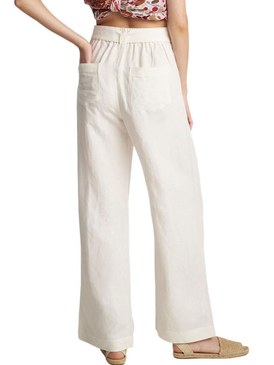 Attrattivo Women's High Waist Linen Trousers with Elastic in Straight Line White