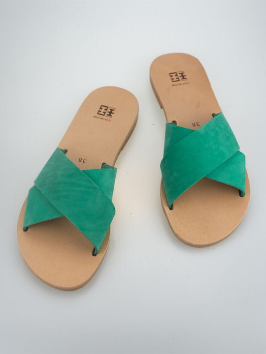 XX Sfakia Leather Women's Flat Sandals in Green Color