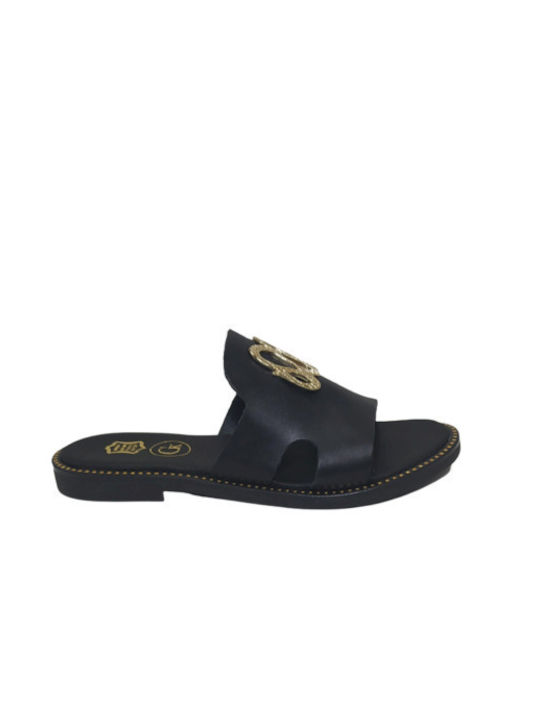 Gk Shoes Leather Women's Flat Sandals in Black Color