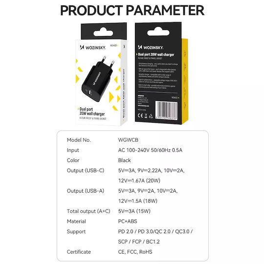 Wozinsky Charger Without Cable 20W Power Delivery / Quick Charge 2.0 Blacks (WGWCB)