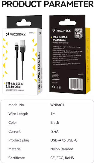 Wozinsky Плетен USB 2.0 Кабел USB-C Мъжки - USB-A Черен 2м WNBAC2