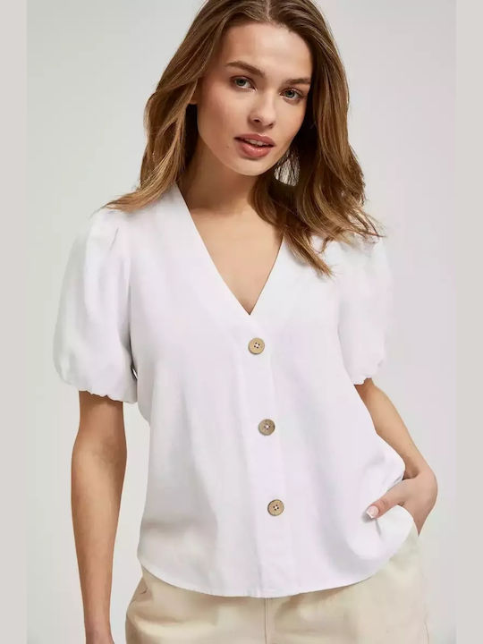 Make your image Women's Linen Short Sleeve Shirt White