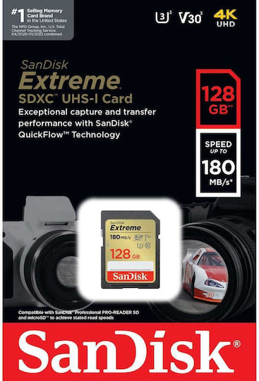 Sandisk Extreme SDXC 128GB U3 V30 UHS-I 180MB/s с адаптер