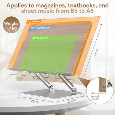 Behozel YDJ-UK Wooden Adjustable Height & Foldable Stable Book Recipe Stand Music Painting Notebook Tablet iPad & Laptop Anti-Slip Reading Stand Aluminum Transparent Clip Page Holder Silver