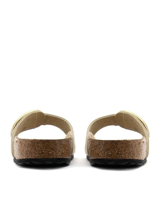 Classic Madrid Big Buckle Leather Women's Flat Sandals Anatomic in Ecru Color Narrow Fit
