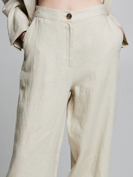 BSB Women's High-waisted Linen Trousers in Regular Fit Sand