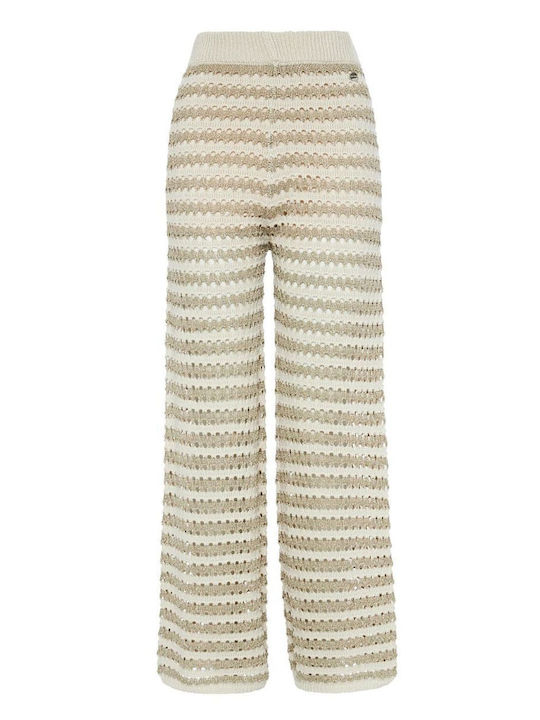 BSB Women's Fabric Trousers with Elastic in Regular Fit Striped Beige