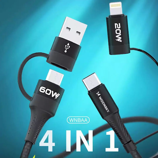 Wozinsky Regular Cablu USB la Type-C / Lightning cu mai multe porturi 4A Negru 1m (HU-5907769308819)