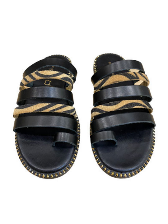 Leather Women's Flat Sandals in Tabac Brown Color