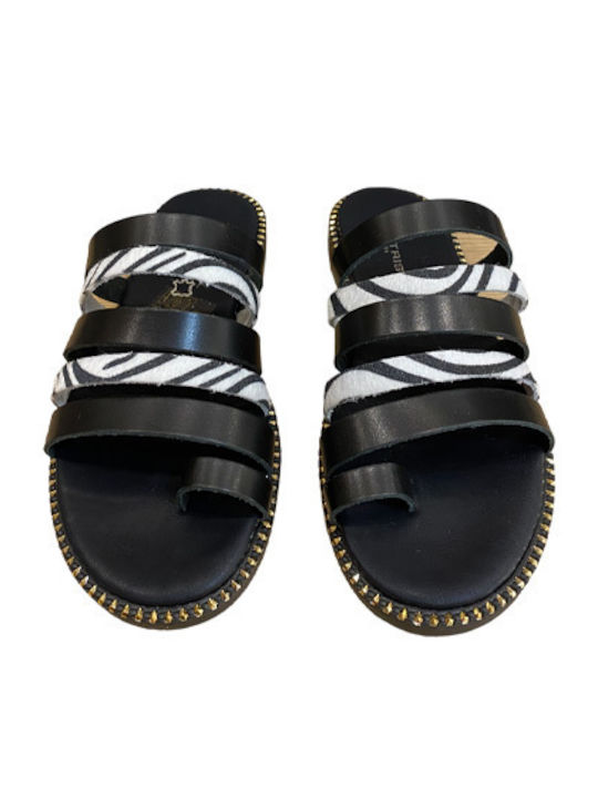Leather Women's Flat Sandals in Black Color