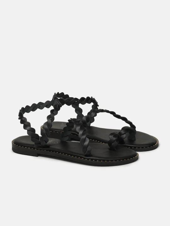 IRIS Leather Women's Flat Sandals with Strap in Black Color