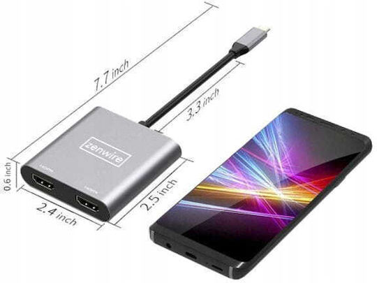 Zenwire Μετατροπέας USB-C male σε HDMI 2x female Γκρι 1τμχ 1022000745