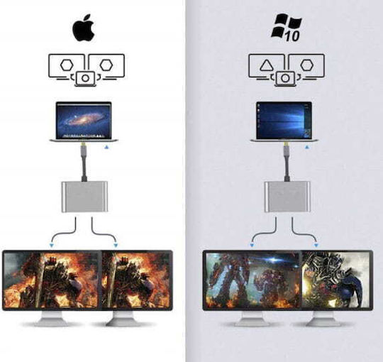 Zenwire Μετατροπέας USB-C male σε HDMI 2x female Γκρι 1τμχ 1022000745