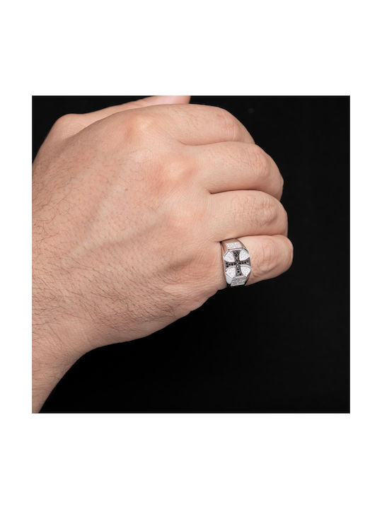 Silver men's ring with black and white zircons in a cross design